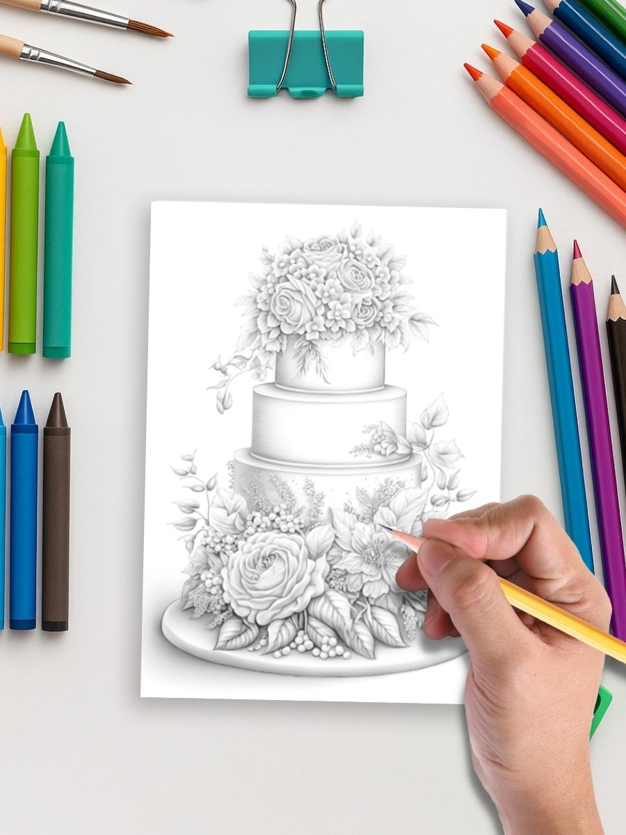 Sweet Floral Cakes – 25 Wedding Cake Coloring Pages - Image 5